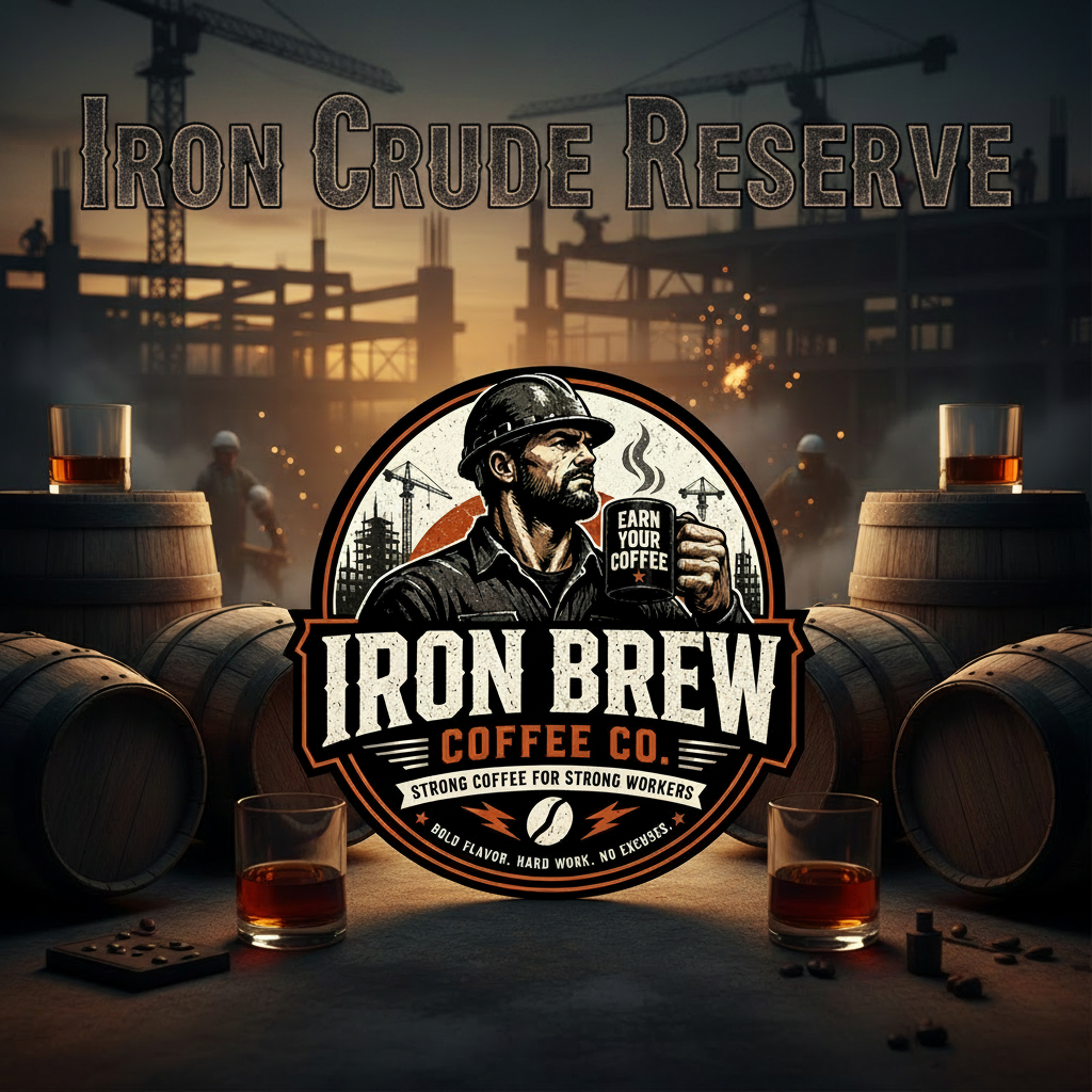 Iron Crude Reserve Whiskey Aged Coffee product image with Iron Brew logo, construction site and whiskey barrel background