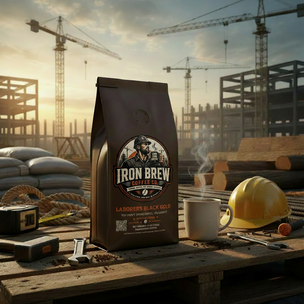 Laborers Black Gold coffee bag on construction site workbench
