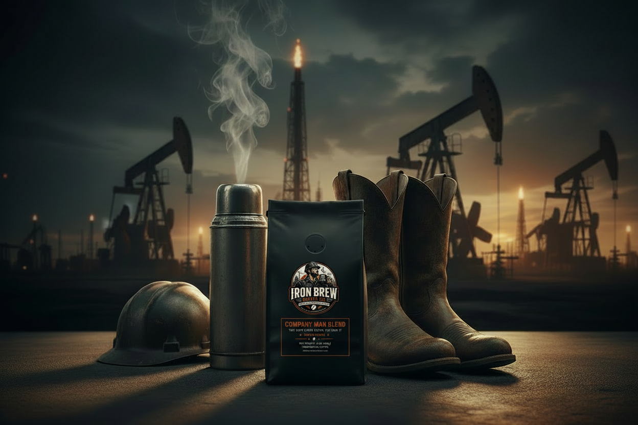 Company Man Blend coffee bag in oilfield scene with thermos, cowboy boots, and hard hat